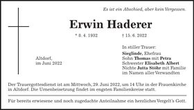 Traueranzeige Erwin Haderer