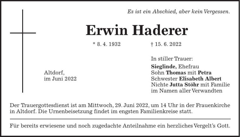 Traueranzeige Erwin Haderer