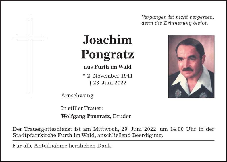 Traueranzeige Joachim Pongratz
