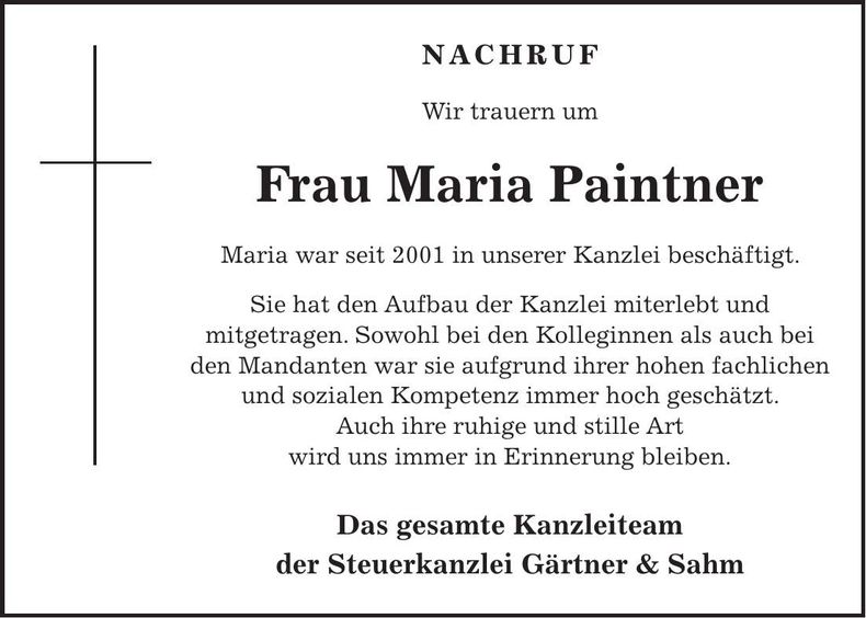 Traueranzeige Maria Paintner