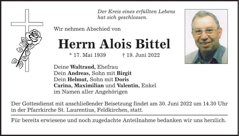 Traueranzeige Alois Bittel