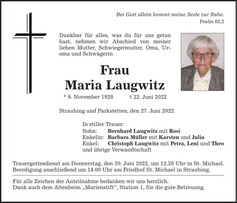 Traueranzeige Maria Laugwitz