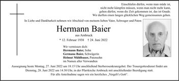 Traueranzeige Hermann Baier