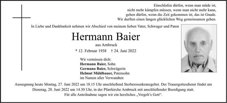 Traueranzeige Hermann Baier