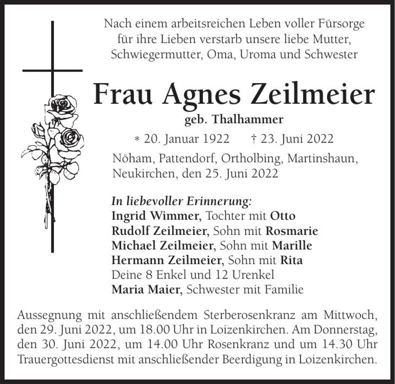 Traueranzeige Agnes Zeilmeier