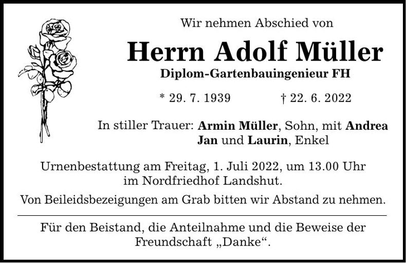 Traueranzeige Adolf Müller