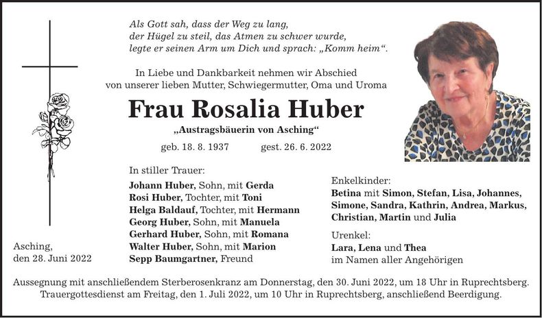 Traueranzeige Rosalia Huber