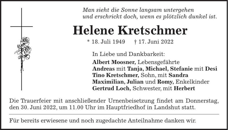 Traueranzeige Helene Kretschmer
