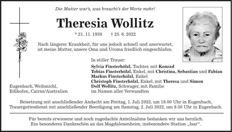Traueranzeige Theresia Wollitz