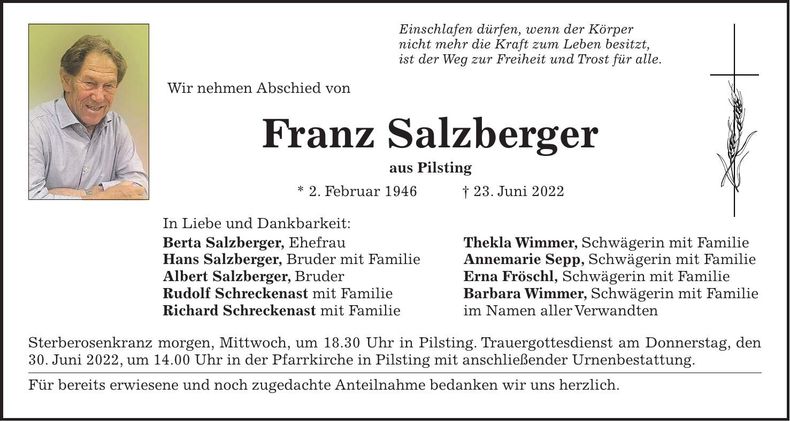 Traueranzeige Franz Salzberger