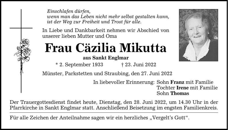 Traueranzeige Cäzilia Mikutta