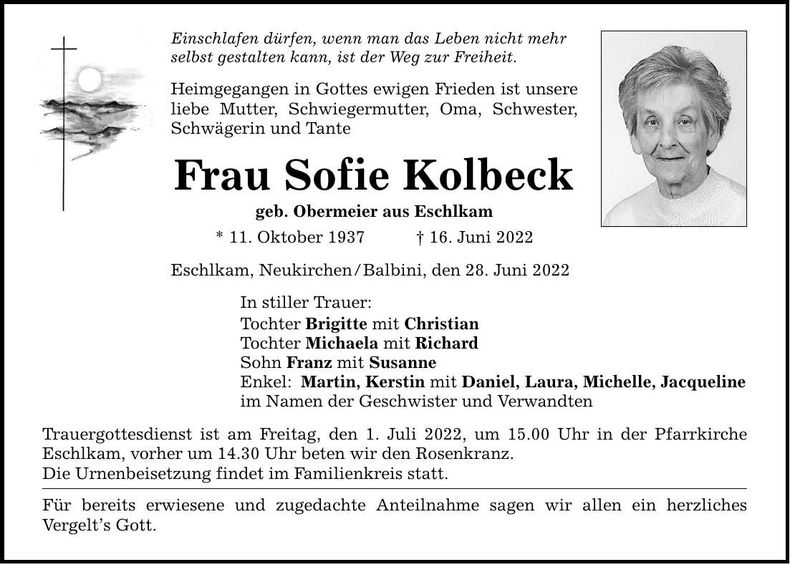 Traueranzeige Sofie Kolbeck