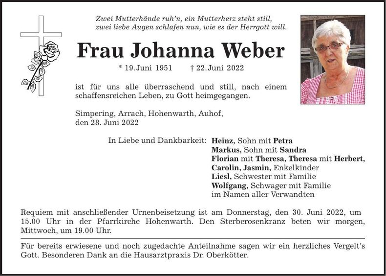 Traueranzeige Johanna Weber