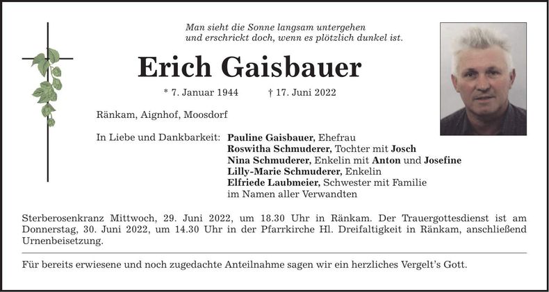 Traueranzeige Erich Gaisbauer