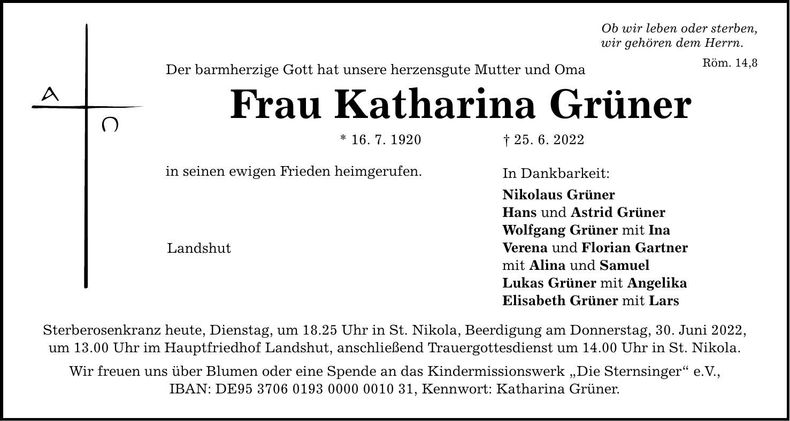Traueranzeige Katharina Grüner