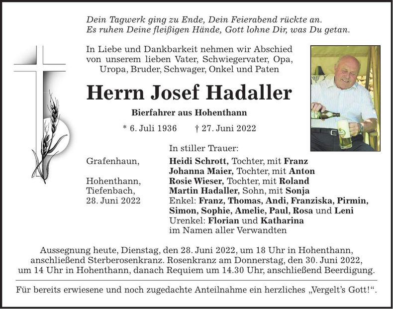 Traueranzeige Josef Hadaller