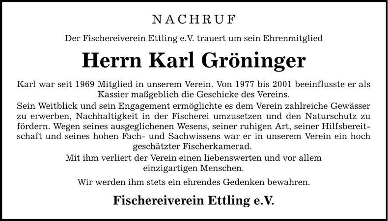 Traueranzeige Karl Gröninger