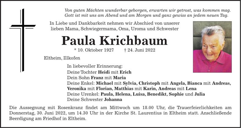 Traueranzeige Paula Krichbaum