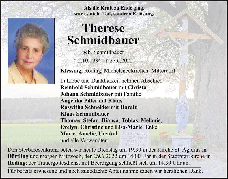 Traueranzeige Therese Schmidbauer