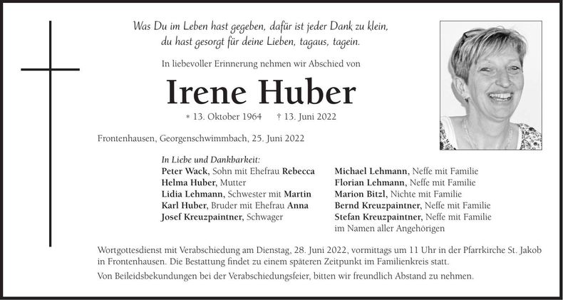 Traueranzeige Irene Huber