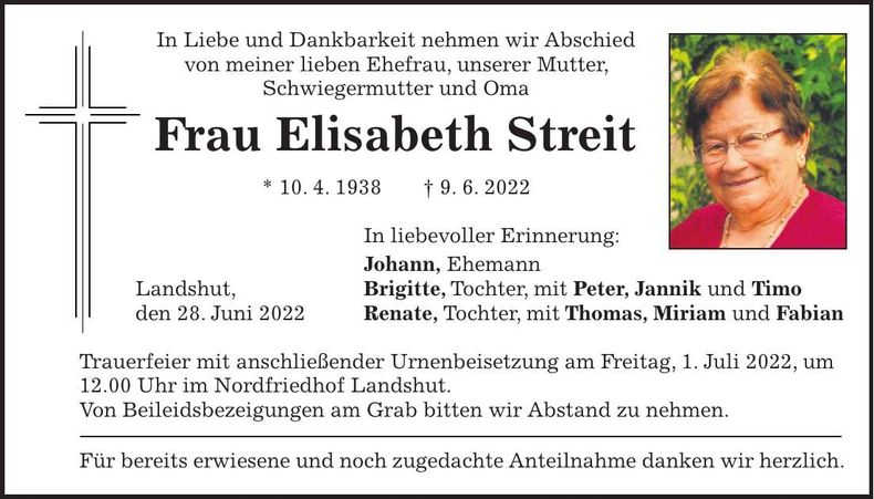 Traueranzeige Elisabeth Streit