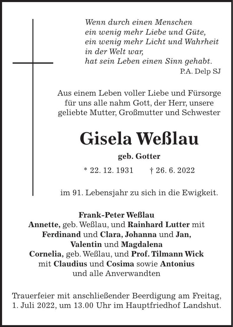 Traueranzeige Gisela Weßlau