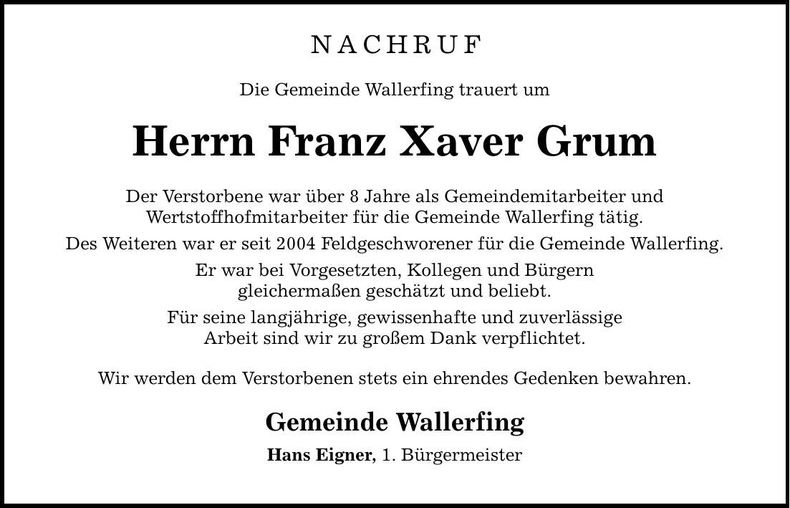 Traueranzeige Franz Xaver Grum