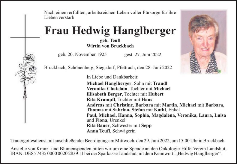 Traueranzeige Hedwig Hanglberger