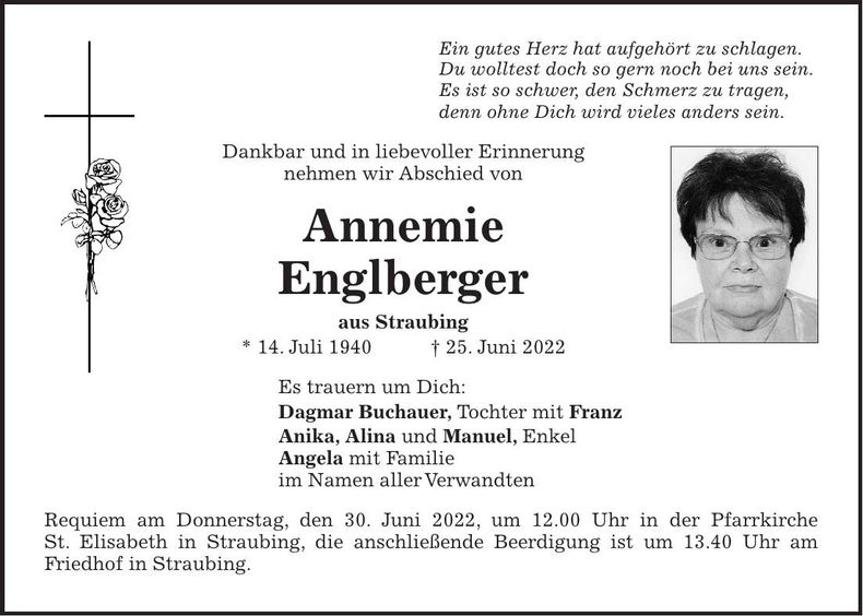 Traueranzeige Englberger Annemie