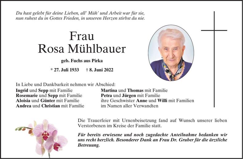 Traueranzeige Rosa Mühlbauer