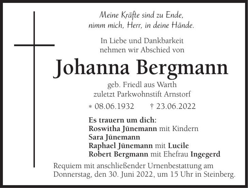 Traueranzeige Johanna Bergmann