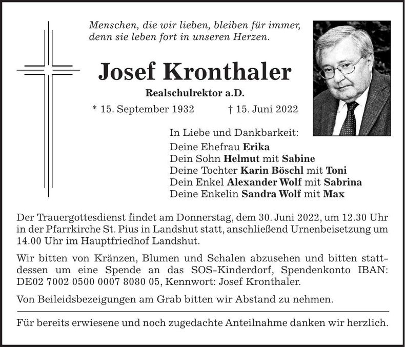 Traueranzeige Josef Kronthaler
