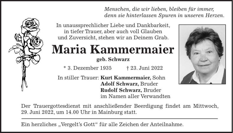 Traueranzeige Maria Kammermeier