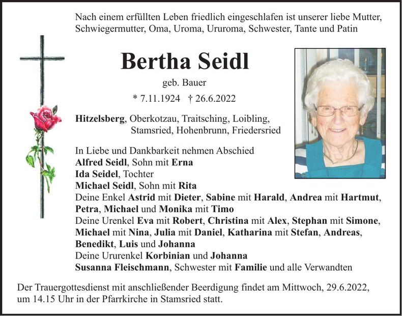 Traueranzeige Bertha Seidl