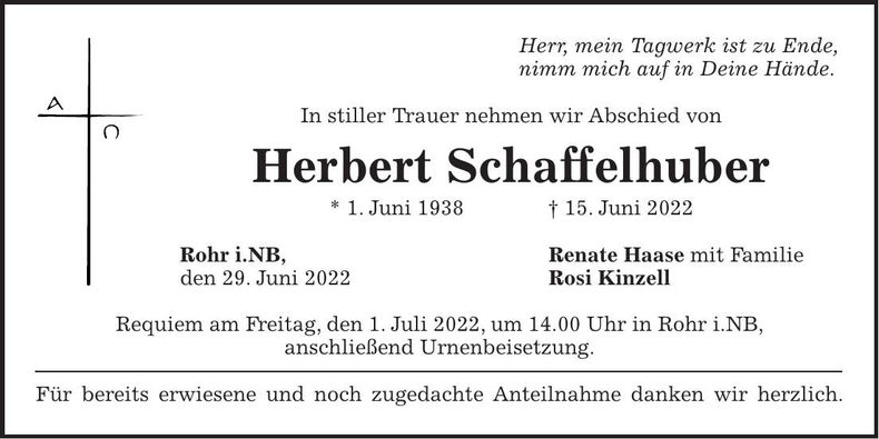 Traueranzeige Herbert Schaffelhuber
