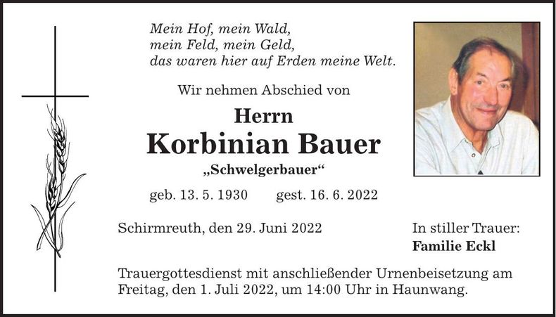 Traueranzeige Korbinian Bauer