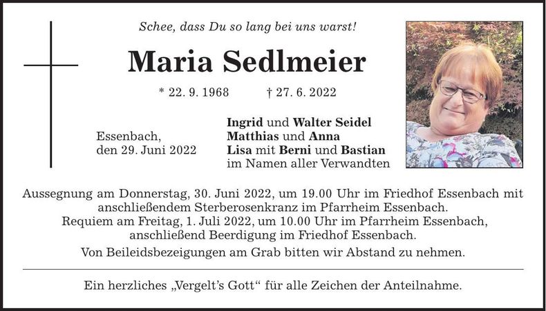 Traueranzeige Maria Sedlmeier