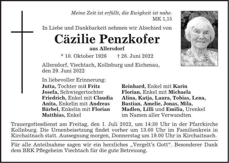 Traueranzeige Cäzilie Penzkofer