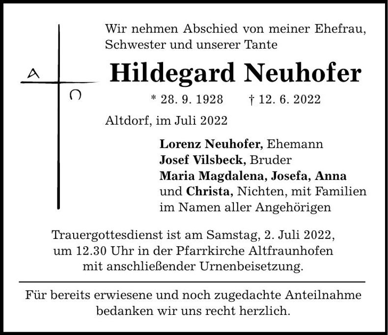 Traueranzeige Hildegard Neuhofer