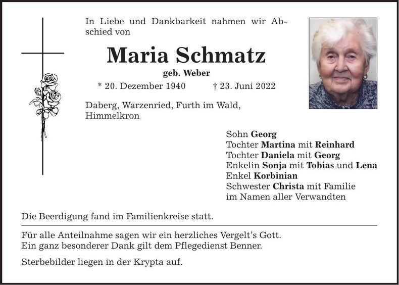 Traueranzeige Maria Schmatz
