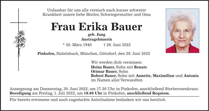 Traueranzeige Erika Bauer