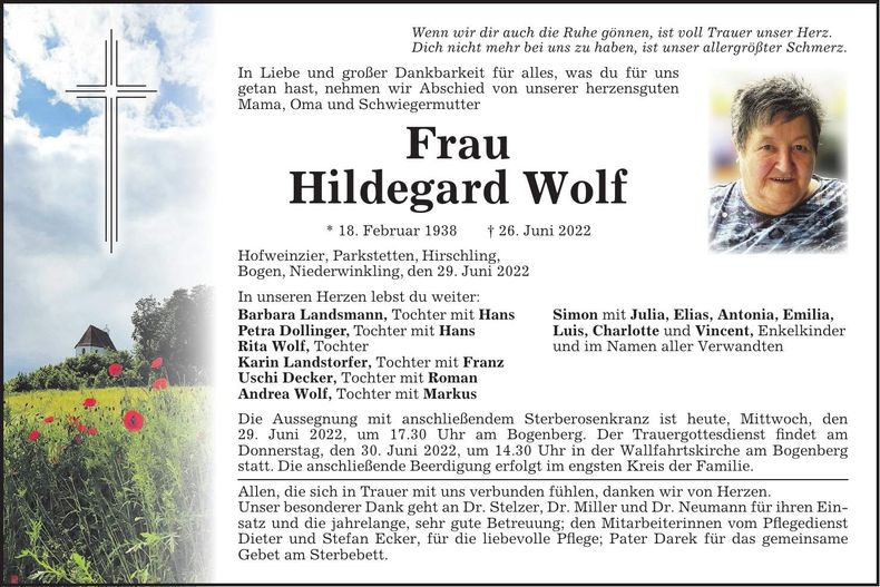 Traueranzeige Hildegard Wolf
