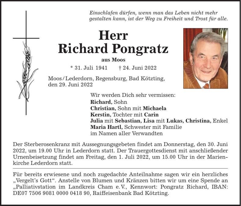 Traueranzeige Richard Pongratz