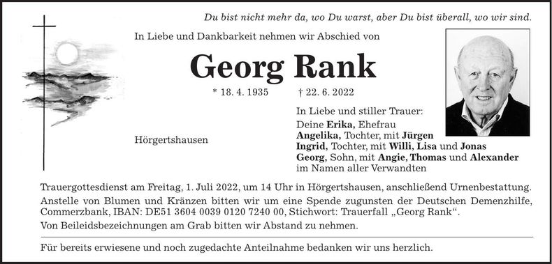 Traueranzeige Georg Rank