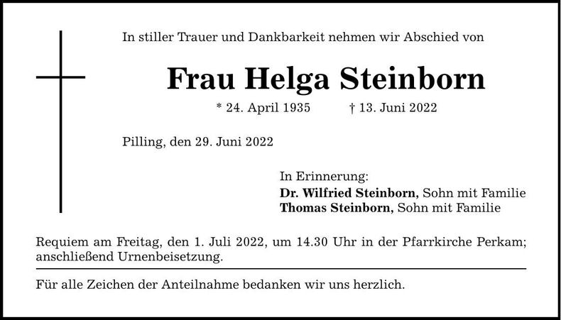 Traueranzeige Helga Steinborn