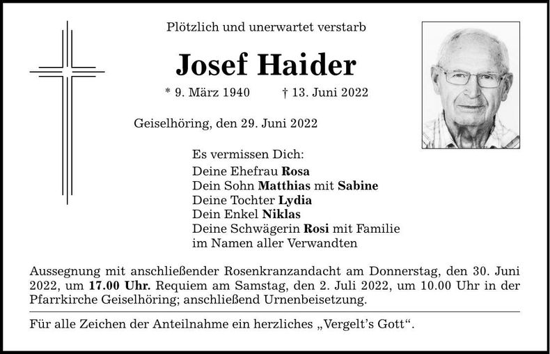 Traueranzeige Josef Haider