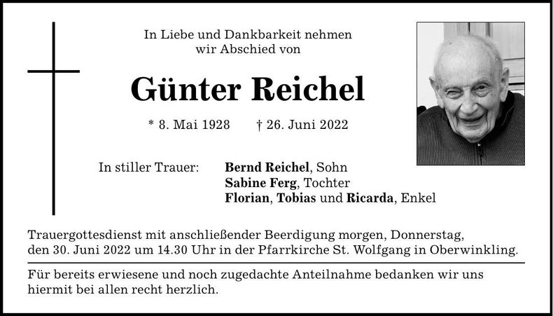 Traueranzeige Günter Reichel