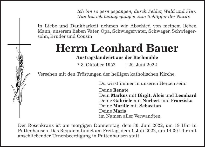 Traueranzeige Leonhard Bauer