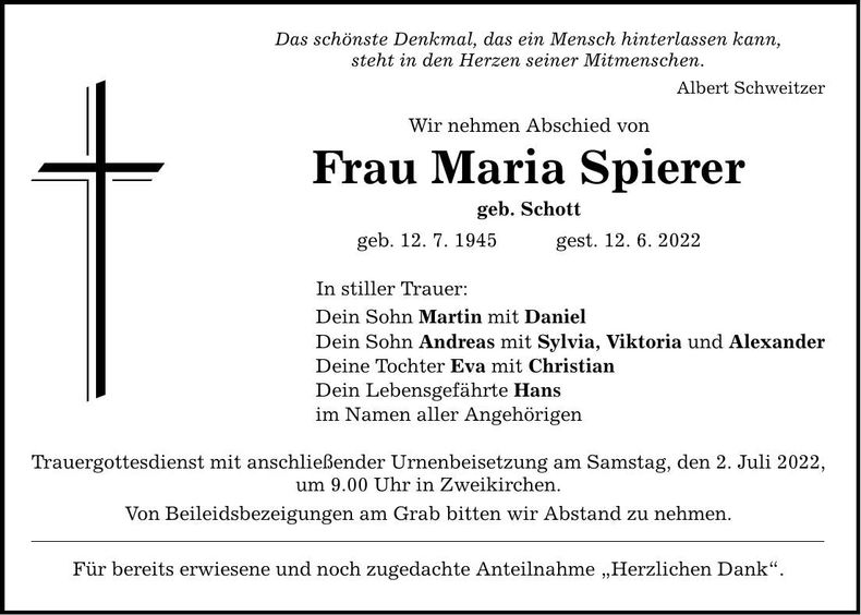 Traueranzeige Maria Spierer