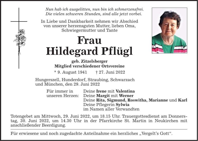 Traueranzeige Hildegard Pflügl